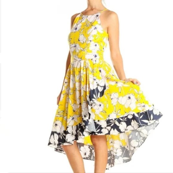 Eliza J Floral Dress Ruffle Midi Yellow Blue High Low Halter 4 - Picture 1 of 15